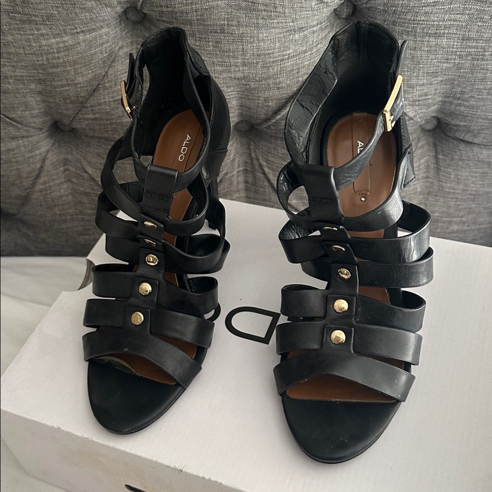 Aldo Black Strappy Heels with Gold Buckle